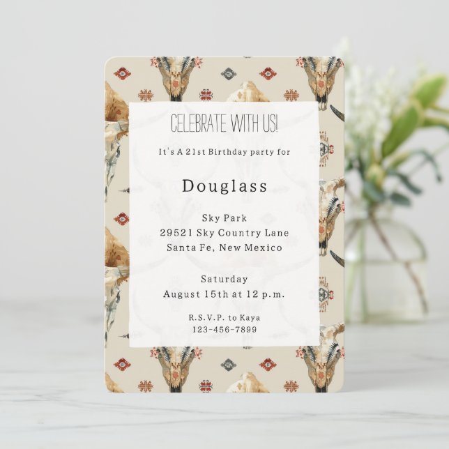 Brown Cream Tribal Native Feathers Birthday Invitation (Standing Front)