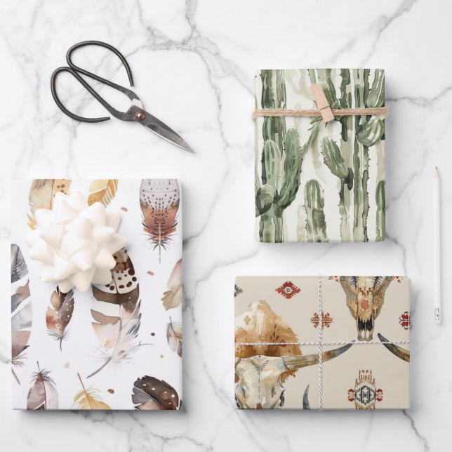 Brown Cream Tribal Native Feathers Birthday Wrapping Paper Sheet (Front)