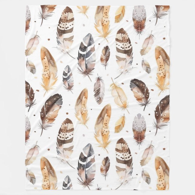 Brown Cream Tribal Native Feathers Fleece Blanket (Front)