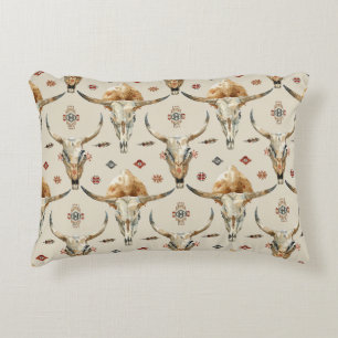 Brown Cream Tribal Native Feathers Skulls Accent Pillow