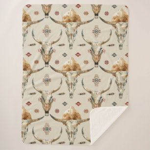Brown Cream Tribal Native Feathers Skulls Sherpa Blanket