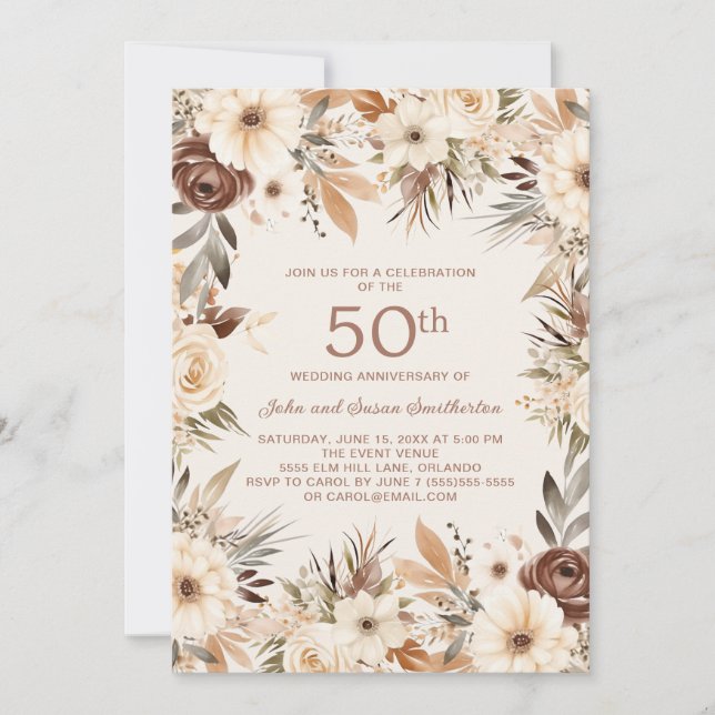 Brown Cream Watercolor Floral 50th Anniversary Invitation (Front)