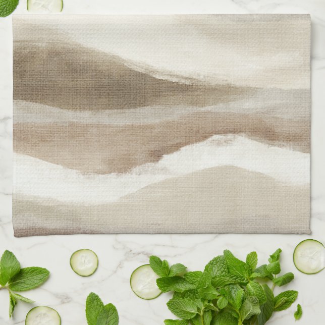 Brown Cream Wavy Abstract Stripes Kitchen Towel (Folded)