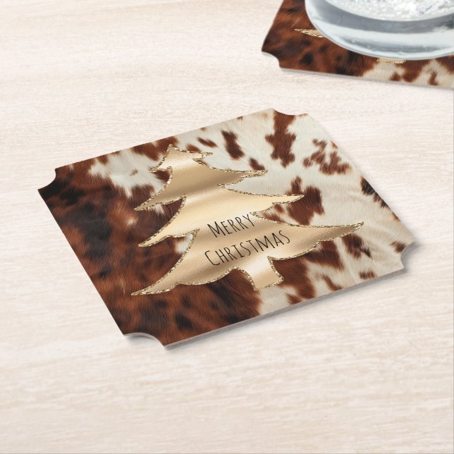 Brown Cream Western Cowhide Christmas Paper Coaster (Angled)
