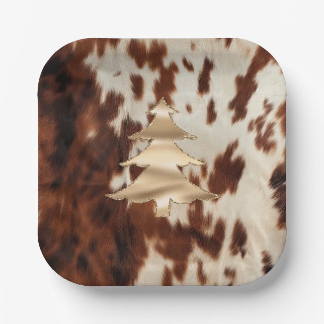 Brown Cream Western Cowhide Christmas Paper Plate (Front)