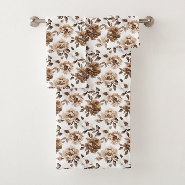 Brown Cream White Flowers Christmas Bath Towel Set (Insitu)