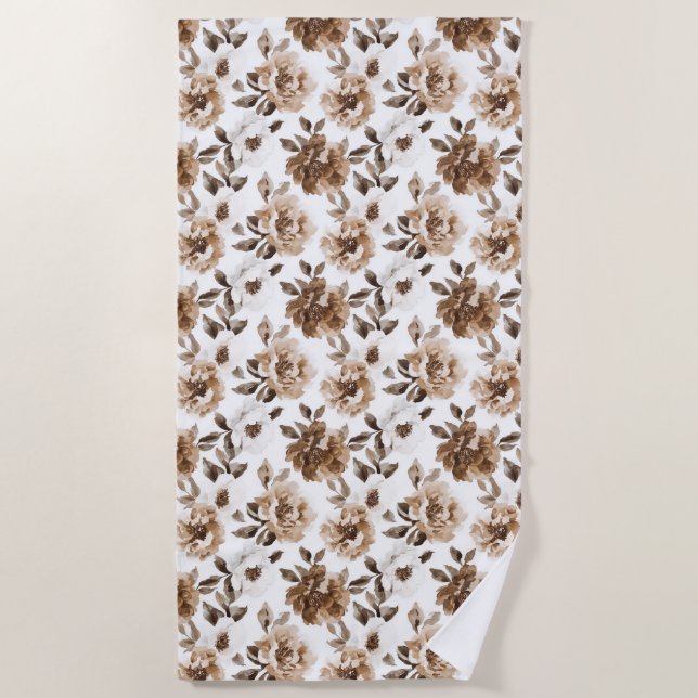 Brown Cream White Flowers Christmas Beach Towel (Front)