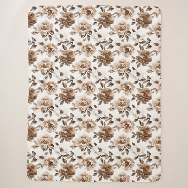 Brown Cream White Flowers Christmas Sherpa Blanket (Front)