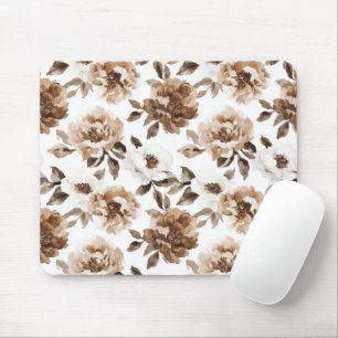 Brown Cream White Flowers Mouse Pad