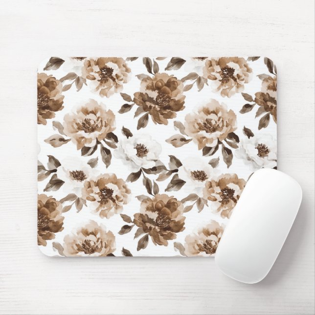 Brown Cream White Flowers Mouse Pad (With Mouse)
