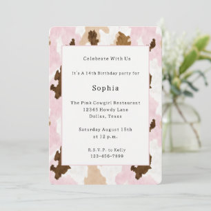 Brown Cream White Pink Cow Print Birthday Invitation