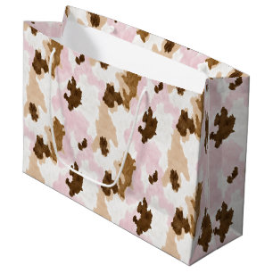 Brown Cream White Pink Cow Print Birthday Large Gift Bag