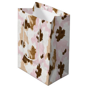 Brown Cream White Pink Cow Print Birthday Medium Gift Bag