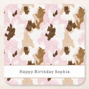 Brown Cream White Pink Cow Print Birthday Square Paper Coaster