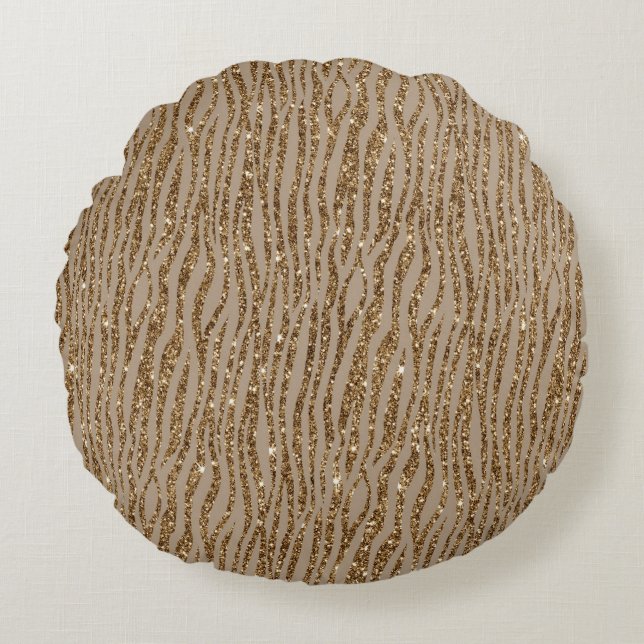 Brown Cream Zebra Animal Print Glitter       Round Pillow (Front)