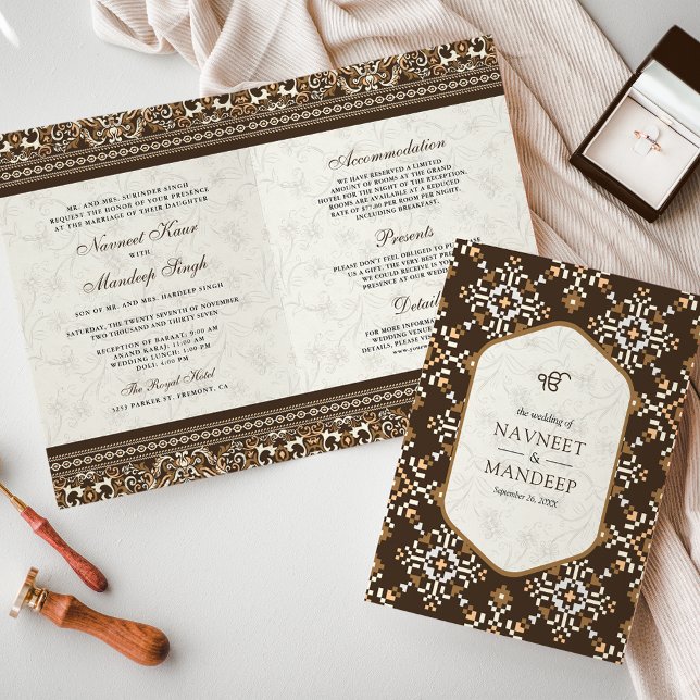 Brown Cross-stitch All in One Sikh Wedding Invitation (Creator Uploaded)