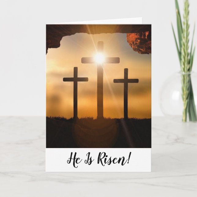 Brown Crosses He Is Risen Christian Easter Holiday Card (Front)