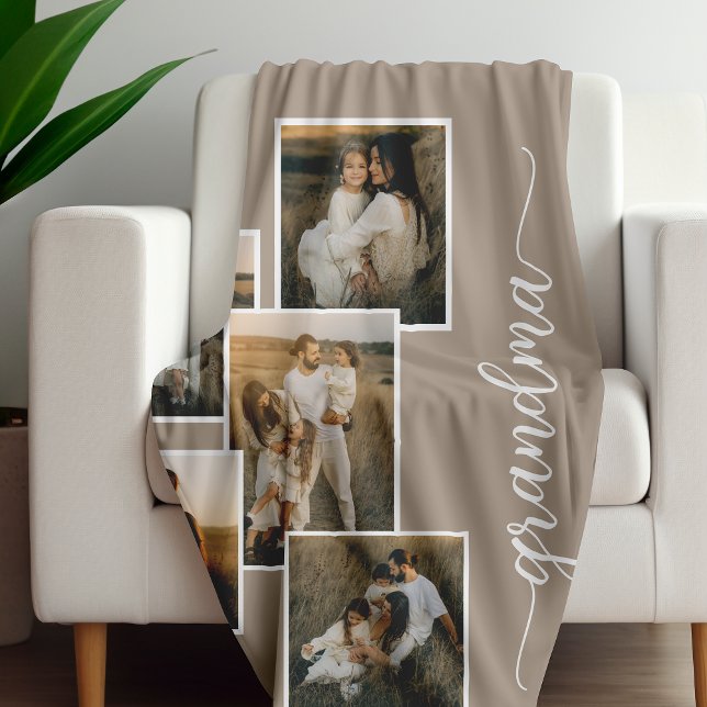 Brown Customized Grandma Grandkid 5 Photo Collage  Fleece Blanket (Creator Uploaded)