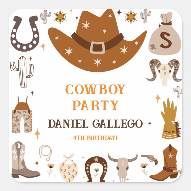 Brown Cute Cowboy Birthday party  Square Sticker (Front)