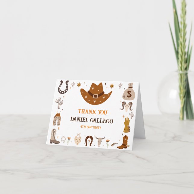 Brown Cute Cowboy Birthday Thank you card  (Front)