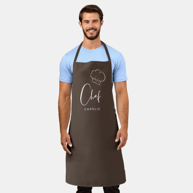 Brown cute hat and script personalized chef apron (Worn)