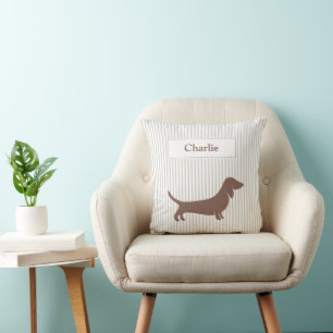 Brown Dachshund on Beige Stripes Custom Name Throw Pillow