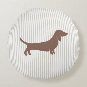 Brown Dachshund on Beige Stripes Round Pillow