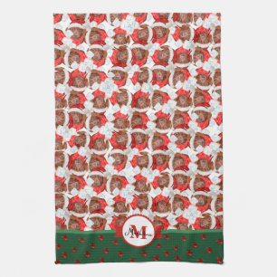 Brown Dachshund Pattern Monogram Christmas Dog Kitchen Towel