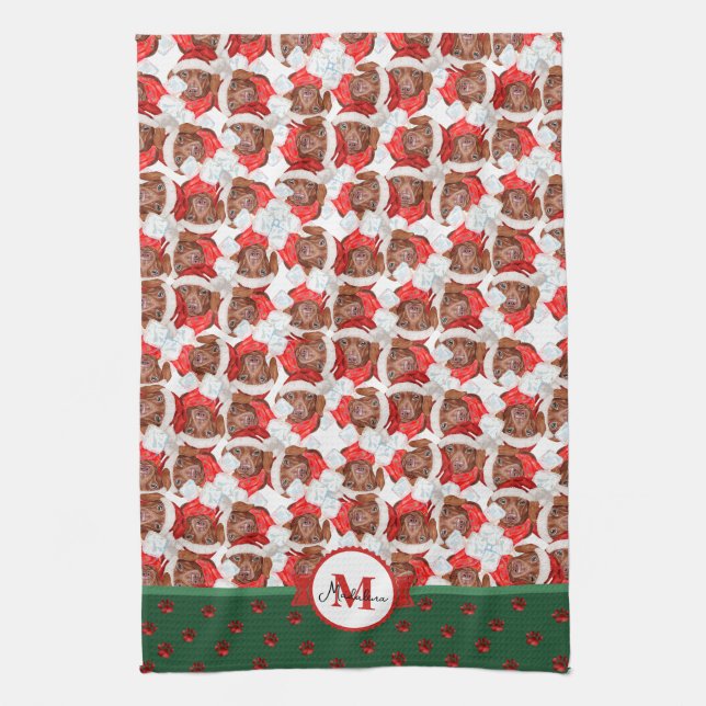 Brown Dachshund Pattern Monogram Christmas Dog Kitchen Towel (Vertical)