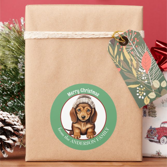 Brown Dachshund Puppy in Winter Hat Christmas Classic Round Sticker (Holiday)