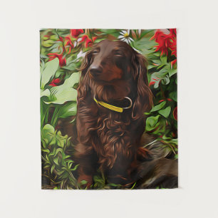 Brown Dachshund Sitting In The Garden With Flower Tapestry