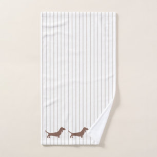 Brown Dachshunds on Beige Stripes Hand Towel