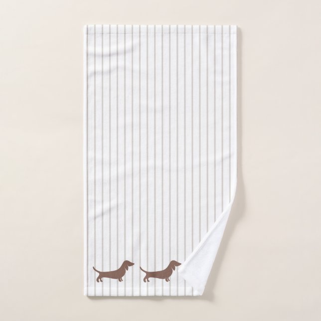Brown Dachshunds on Beige Stripes Hand Towel (Hand Towel)