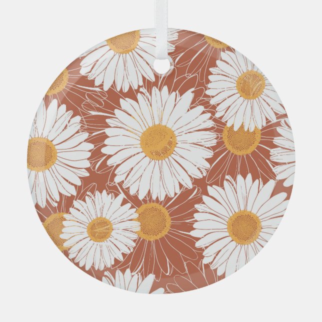 Brown Daisies: Seamless Flower Pattern Glass Ornament (Front)