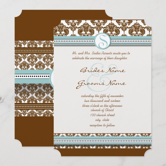 Brown Damask  Aqua Blue Trim Wedding Invitation (Front/Back)