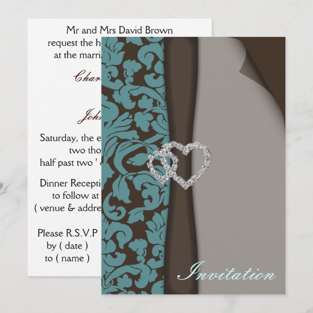 Brown Damask FAUX ribbon diamante design Invitation (Front/Back)