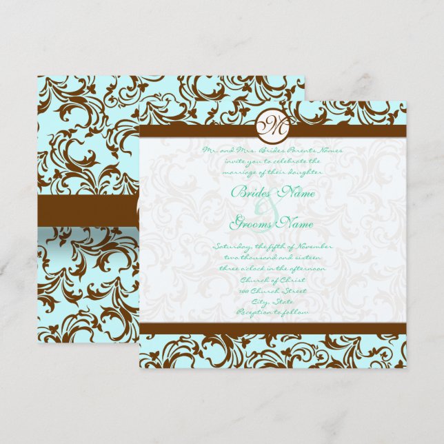 Brown Damask Light Aqua Blue Faire-part de mariage (Devant / Derrière)