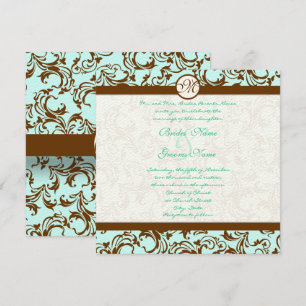 Brown Damask Light Aqua Blue Faire-part de mariage