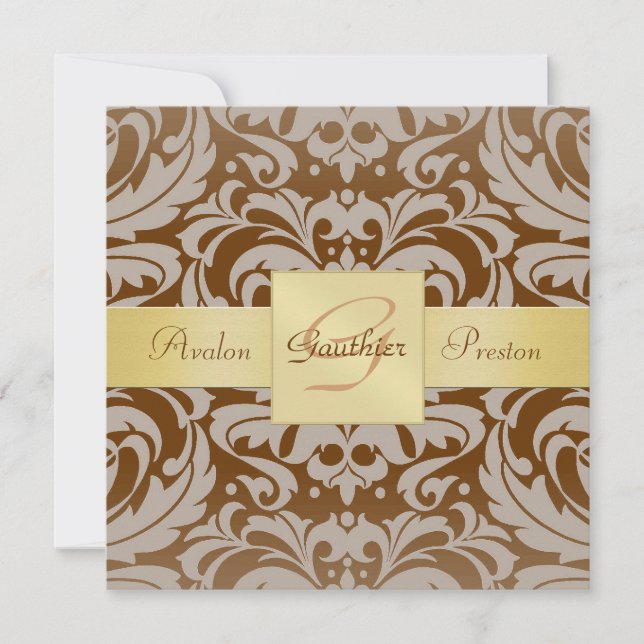 Brown Damask Monogram Gold Ribbon Invitation (Front)