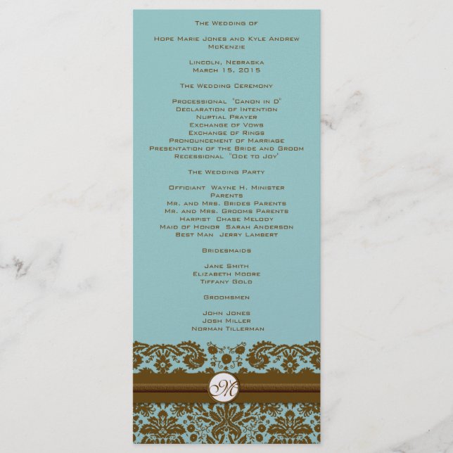 Brown Damask Monogram Wedding Program (Front)