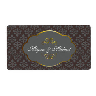 Brown Damask with golden frame wedding labels