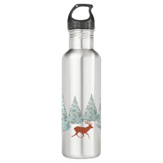 Brown Deer under Snow Covered Spruce Trees   710 Ml Water Bottle