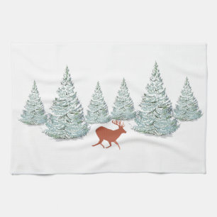 Brown Deer under Snow Covered Spruce Trees   Kitchen Towel