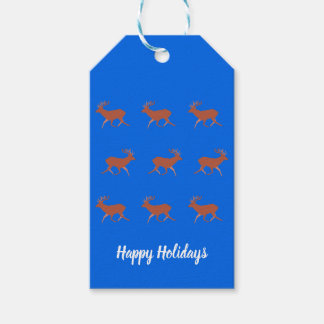 Brown Deer Walking Festive Pattern Blue Background Gift Tags