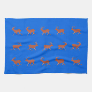 Brown Deer Walking Festive Pattern Blue Kitchen Towel