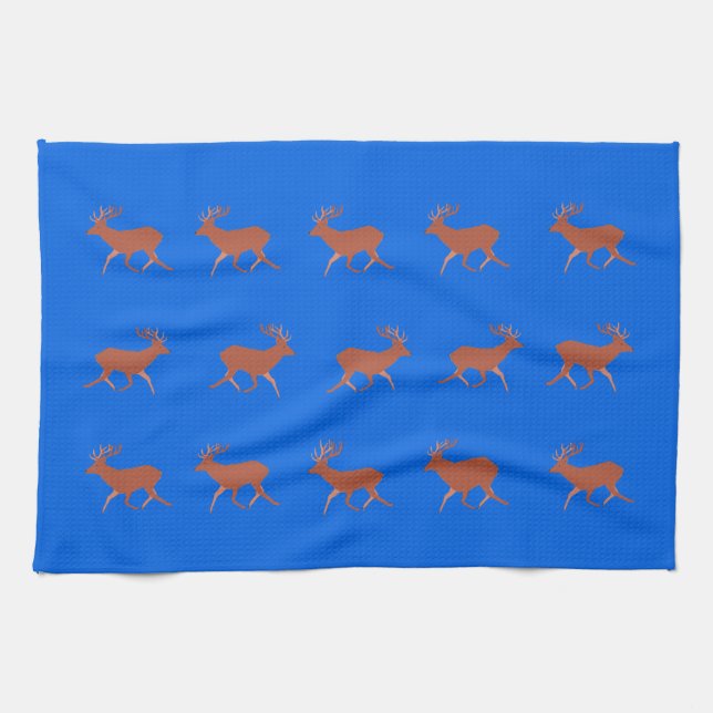Brown Deer Walking Festive Pattern Blue Kitchen Towel (Horizontal)