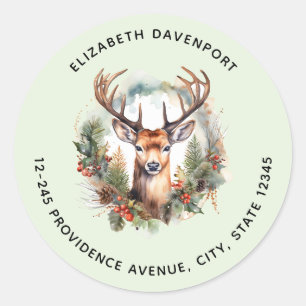 Brown Deer with Antlers Rustic Christmas Address Classic Round Sticker