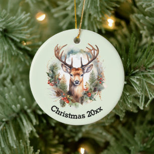Brown Deer with Antlers Rustic Christmas Ceramic Ornament