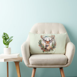 Brown Deer with Antlers Rustic Christmas Lumbar Pillow
