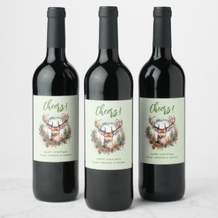 Brown Deer with Antlers Rustic Christmas Wine Label